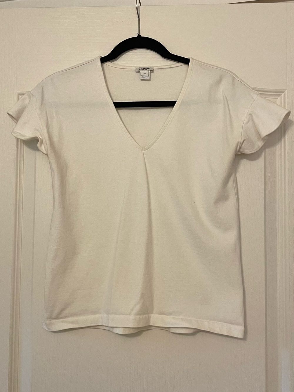 J. Crew White V-Neck Short Sleeve Tee with Flutter Sleeves